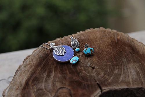 Silver turquoise lapis pendant - silver,